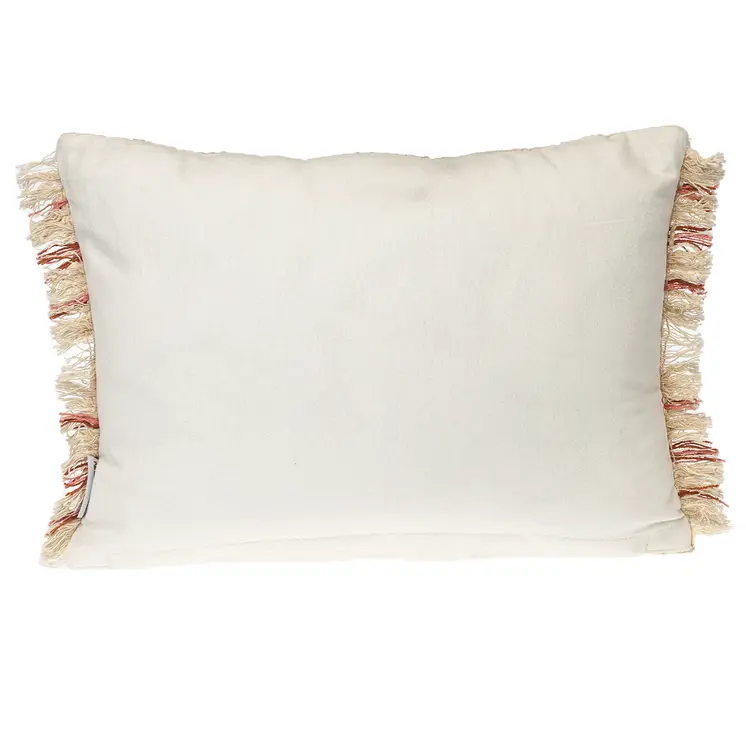 14" X 20" Beige and Pink Striped Cotton Throw Pillow With Fringe