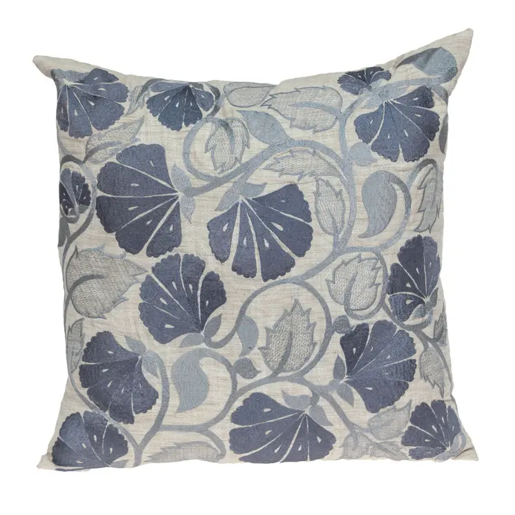 22" Blue and Beige Floral Cotton Throw Pillow With Embroidery