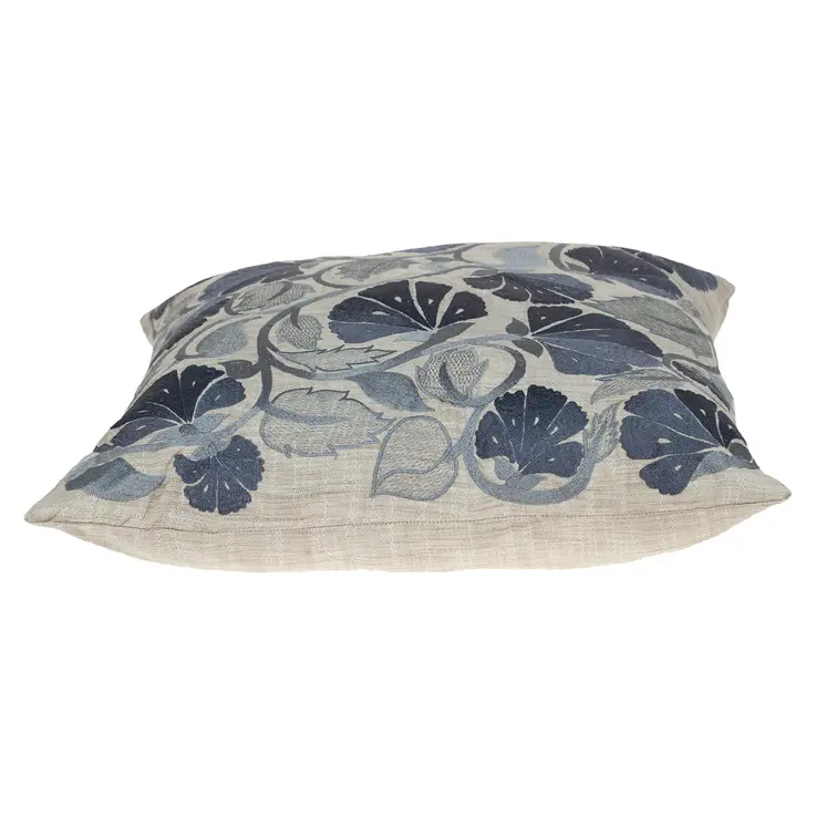22" Blue and Beige Floral Cotton Throw Pillow With Embroidery