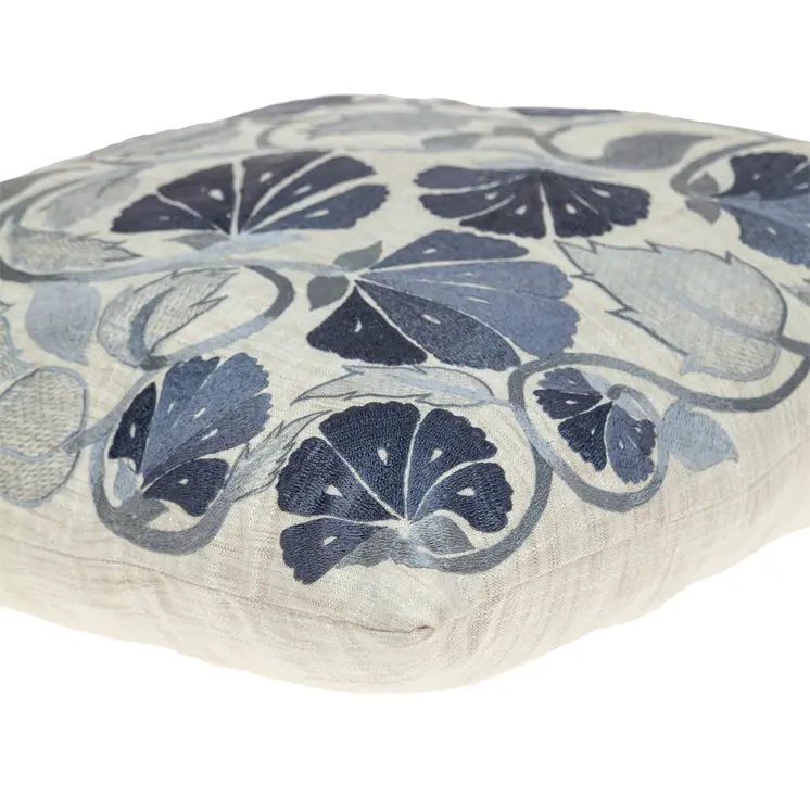 22" Blue and Beige Floral Cotton Throw Pillow With Embroidery
