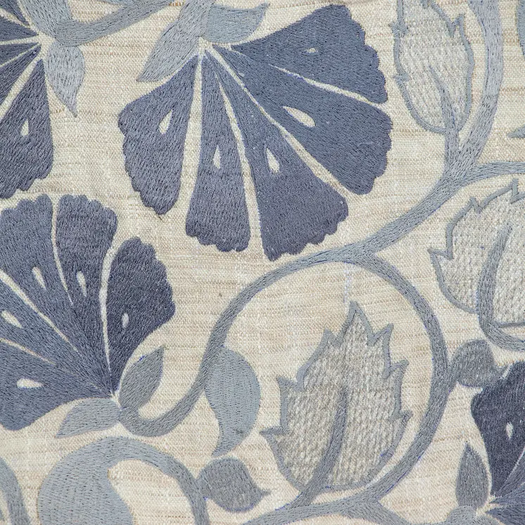 22" Blue and Beige Floral Cotton Throw Pillow With Embroidery