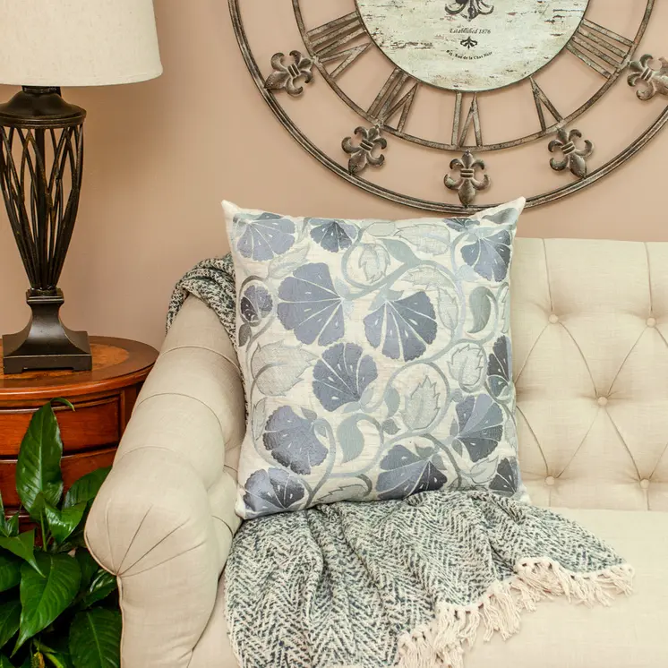22" Blue and Beige Floral Cotton Throw Pillow With Embroidery