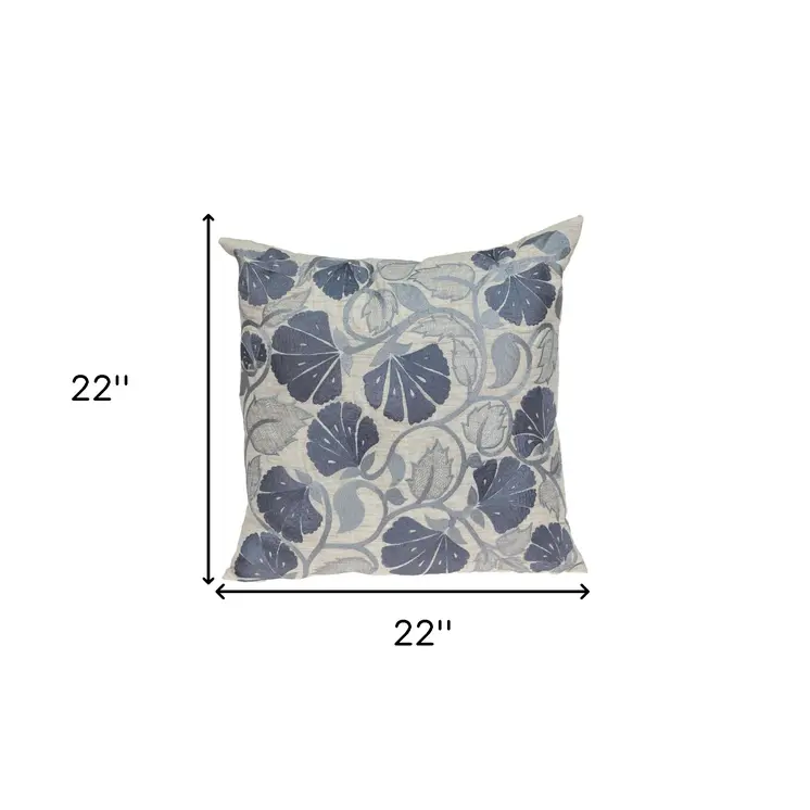 22" Blue and Beige Floral Cotton Throw Pillow With Embroidery