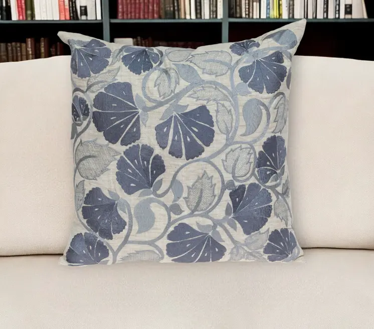 22" Blue and Beige Floral Cotton Throw Pillow With Embroidery