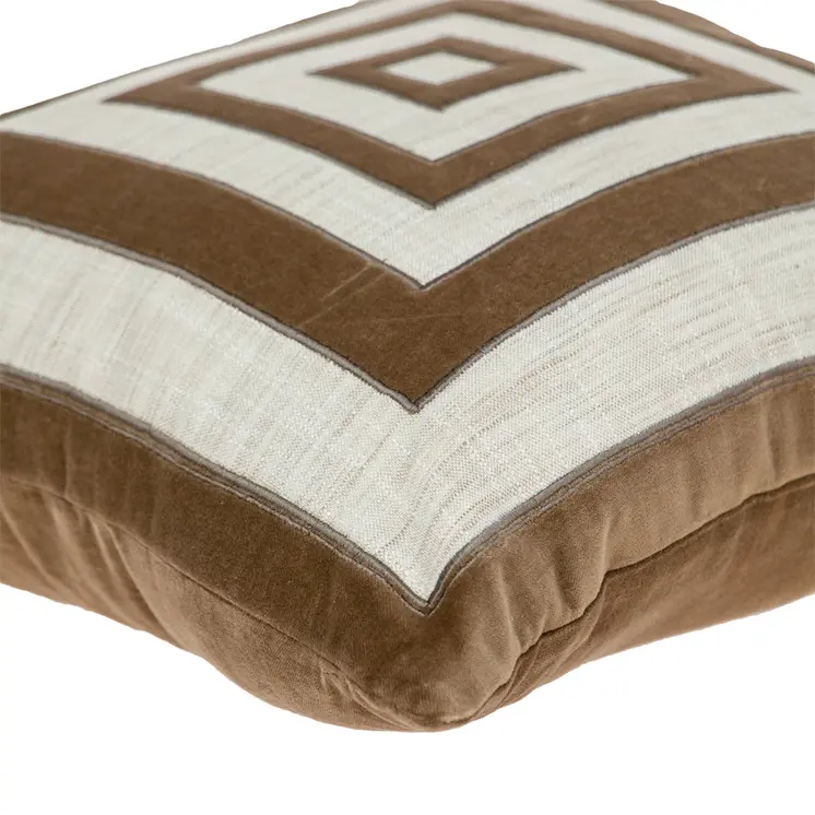 18" Beige and Brown Poly Cotton Blend Throw Pillow with Embroidery and applique
