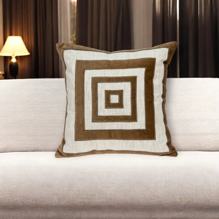 18" Beige and Brown Poly Cotton Blend Throw Pillow with Embroidery and applique