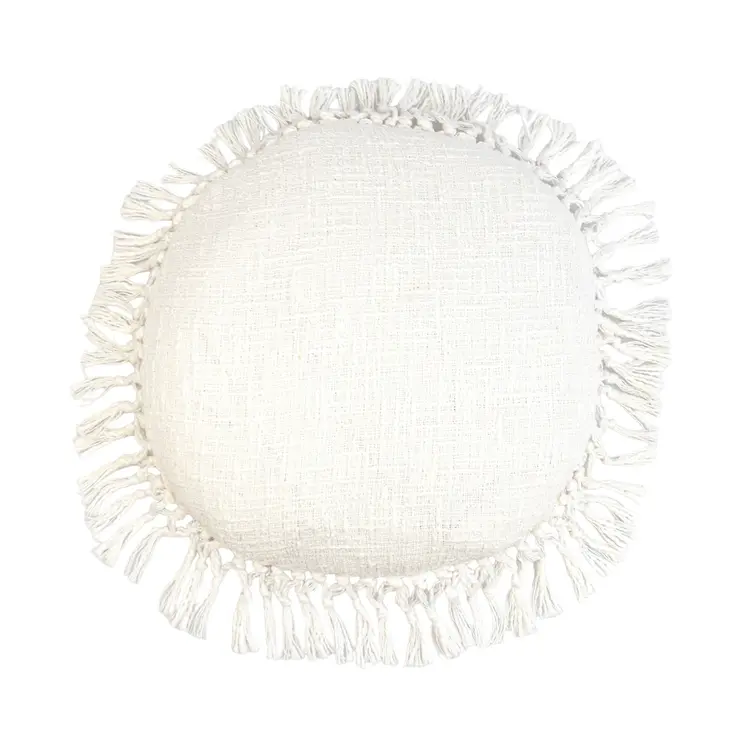 18" X 18" White Round Cotton Throw Pillow with Fringe