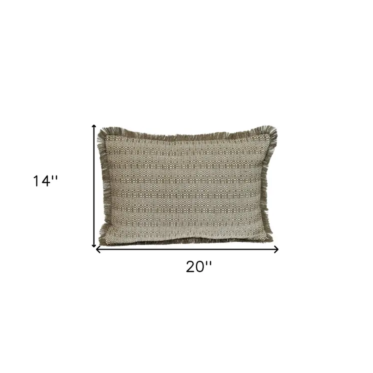 14" X 20" Green and White Cotton Lumbar Throw Pillow with Fringe