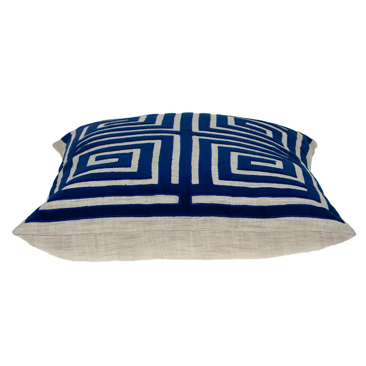 22" Beige and Blue Poly Cotton Blend Throw Pillow with Embroidery and applique