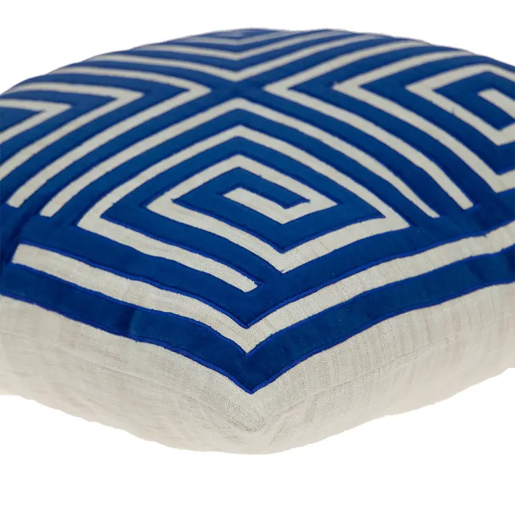 22" Beige and Blue Poly Cotton Blend Throw Pillow with Embroidery and applique