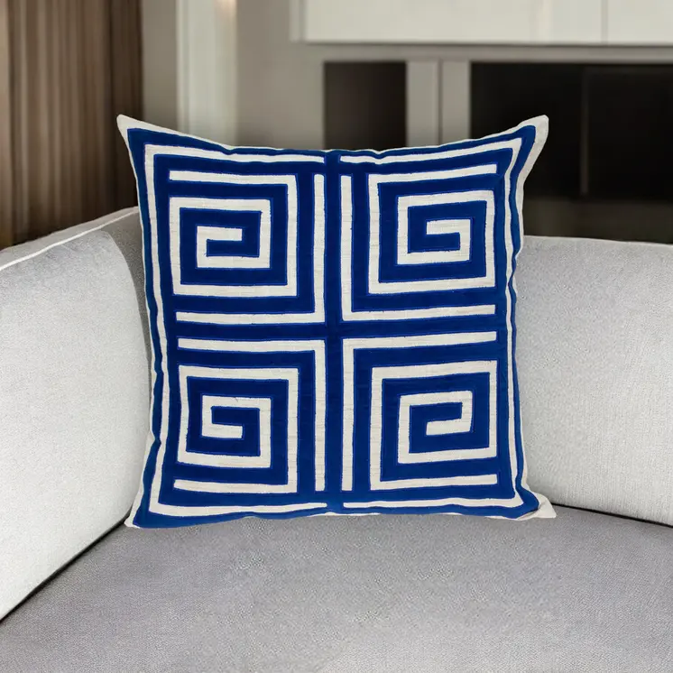 22" Beige and Blue Poly Cotton Blend Throw Pillow with Embroidery and applique