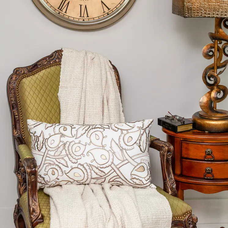 14" X 24" Brown and White Cotton Lumbar Throw Pillow with Embroidery