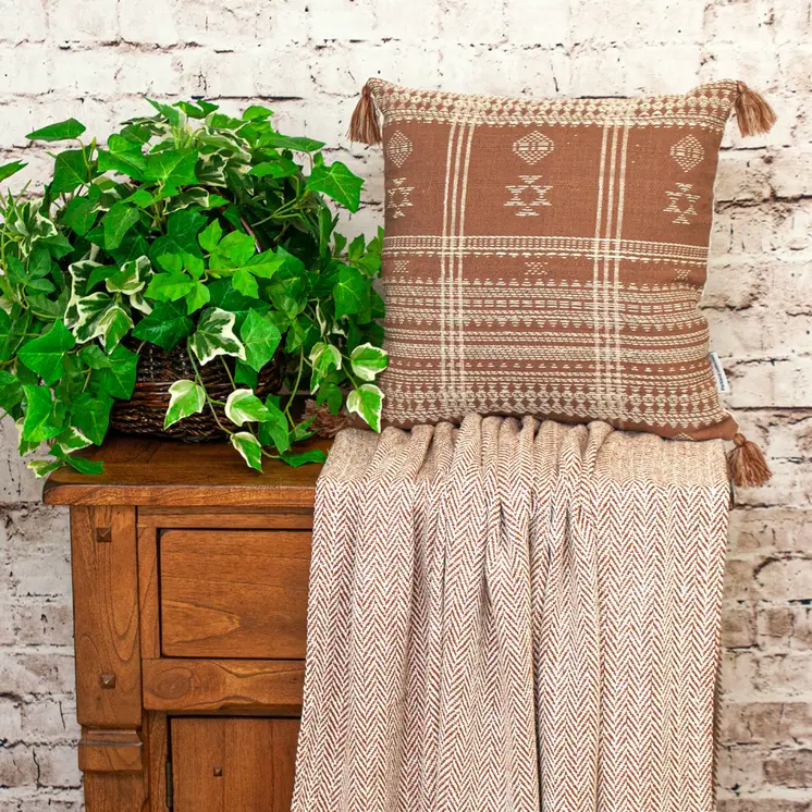 18" Beige and Brown Cotton Throw Pillow with Tassels