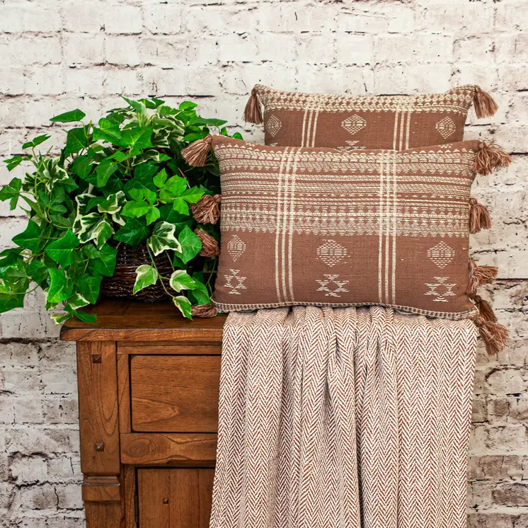 18" Beige and Brown Cotton Throw Pillow with Tassels