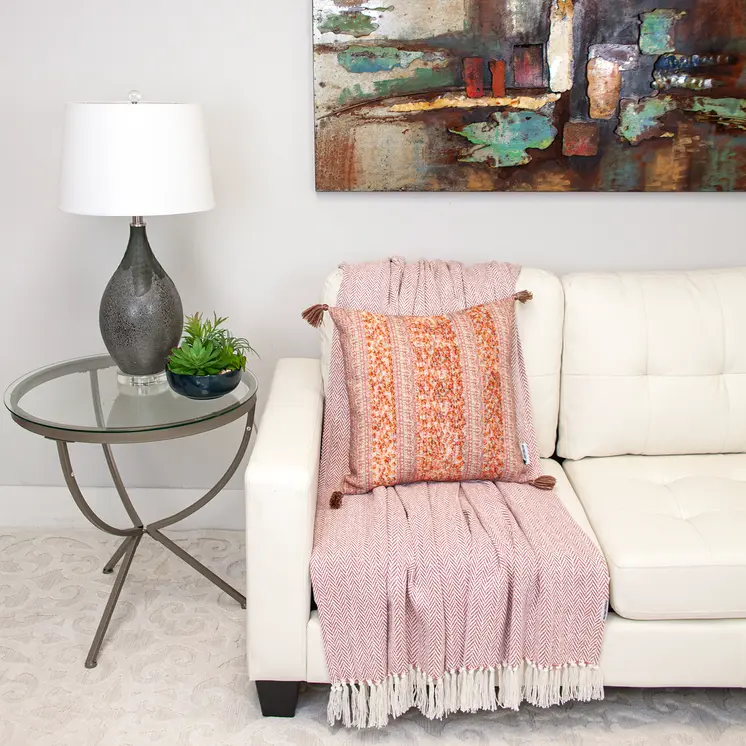 18" Pink and Orange Cotton Throw Pillow with Tassels