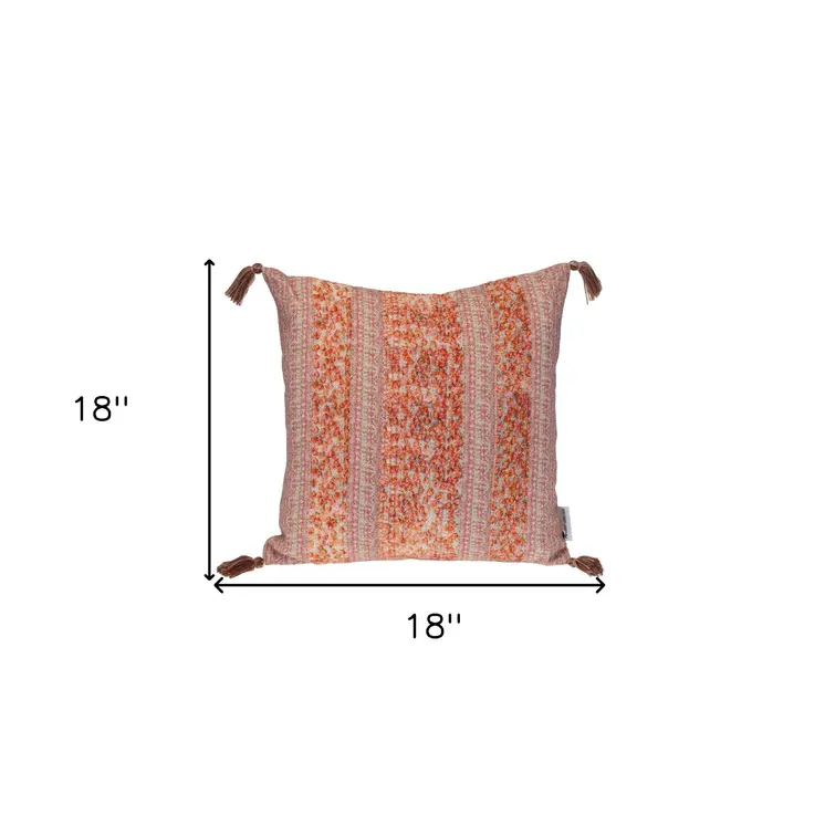 18" Pink and Orange Cotton Throw Pillow with Tassels