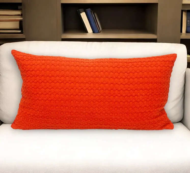 14" X 26" Orange Cotton Lumbar Throw Pillow with Texture
