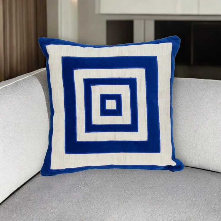 18" Beige and Blue Geometric Cotton Blend Throw Pillow with Embroidery and Applique