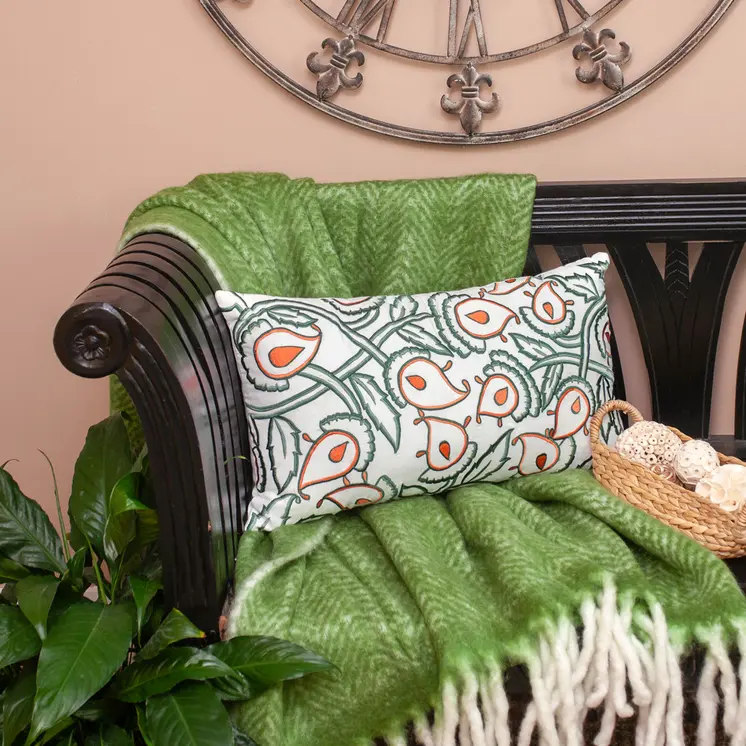 14" X 24" Green and White Cotton Lumbar Throw Pillow with Embroidery