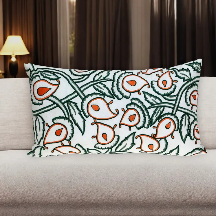 14" X 24" Green and White Cotton Lumbar Throw Pillow with Embroidery