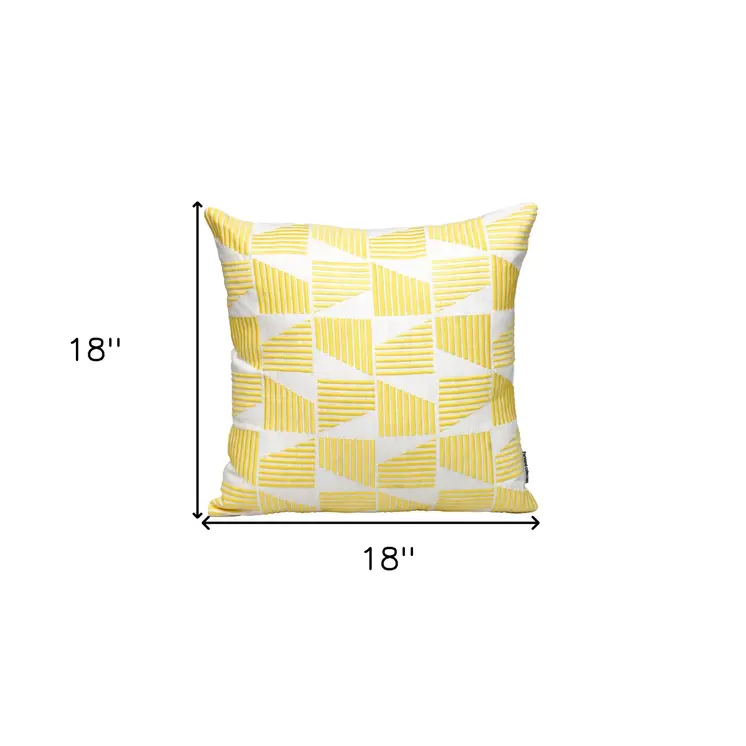 18" Yellow and White Geometric Cotton Throw Pillow With Embroidery
