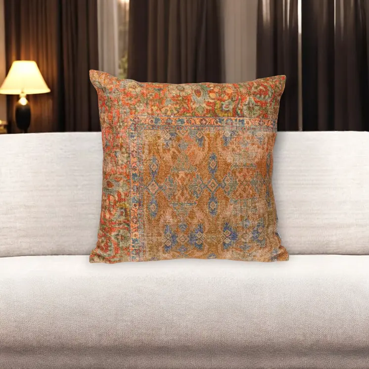 18" Blue and Pink Damask Cotton Throw Pillow