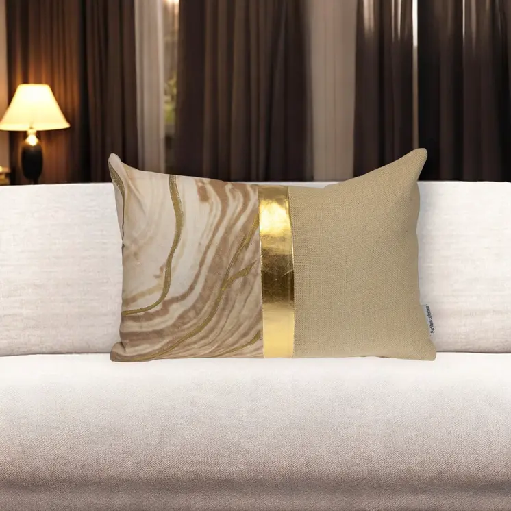 14" X 20" Beige and Gold Striped Cotton Blend Throw Pillow