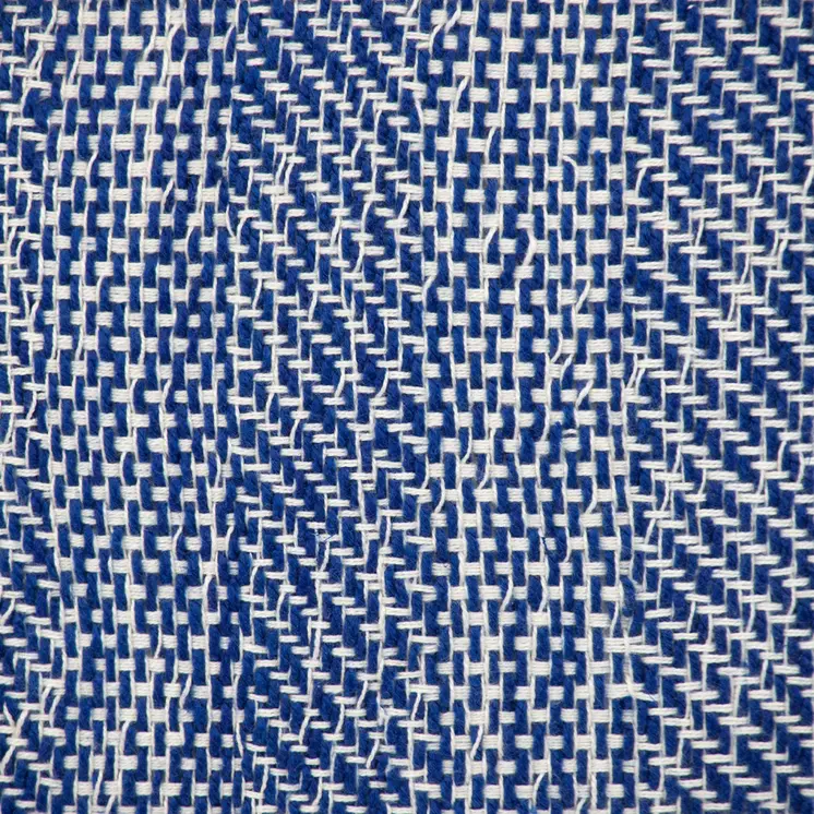 18" Blue and White Weave Cotton Throw Pillow With Pom Poms