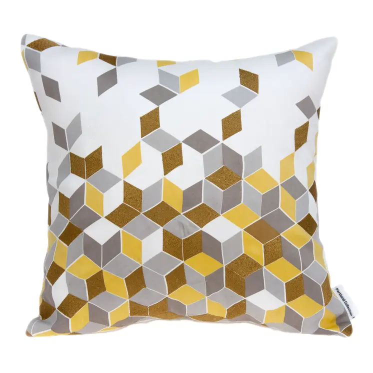 20" Gray and Gold Geometric Throw Pillow With Embroidery