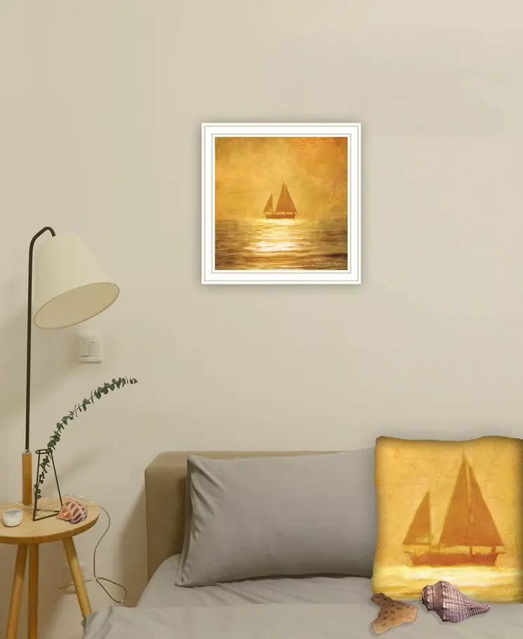 Solo Gold Sunset Sailboat White Framed Print Wall Art