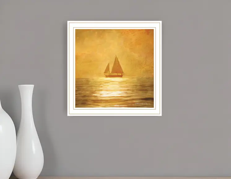 Solo Gold Sunset Sailboat White Framed Print Wall Art