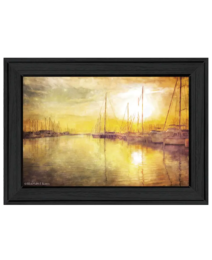 Yellow Sunset Boats In Marina Black Framed Print Wall Art