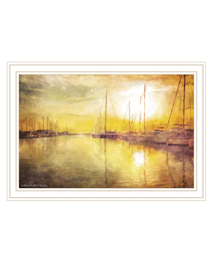 Yellow Sunset Boats In Marina White Framed Print Wall Art