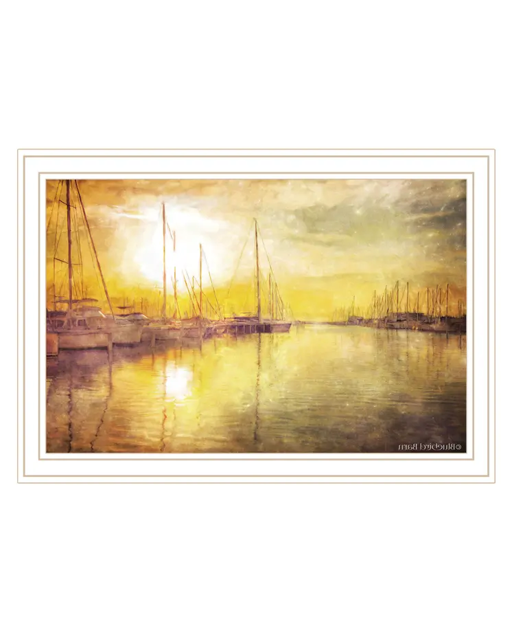 Yellow Sunset Boats In Marina White Framed Print Wall Art