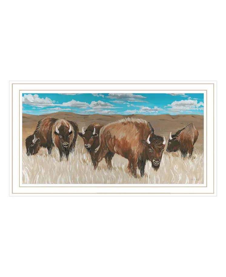 Bison Herd White Framed Print Wall Art