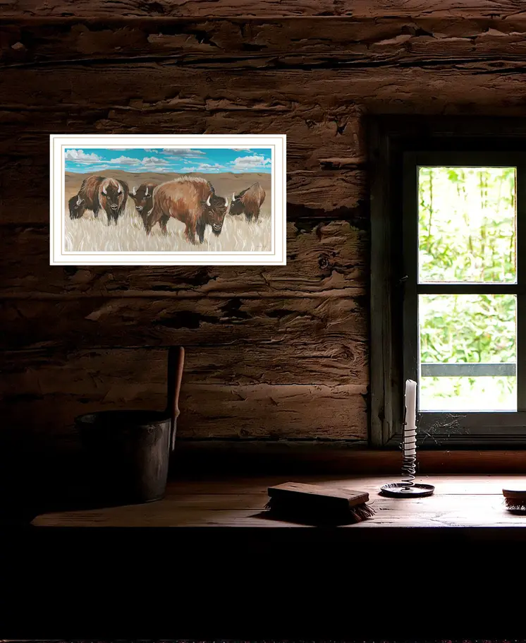 Bison Herd White Framed Print Wall Art