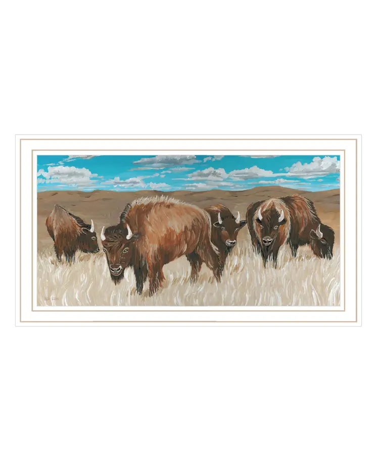 Bison Herd White Framed Print Wall Art