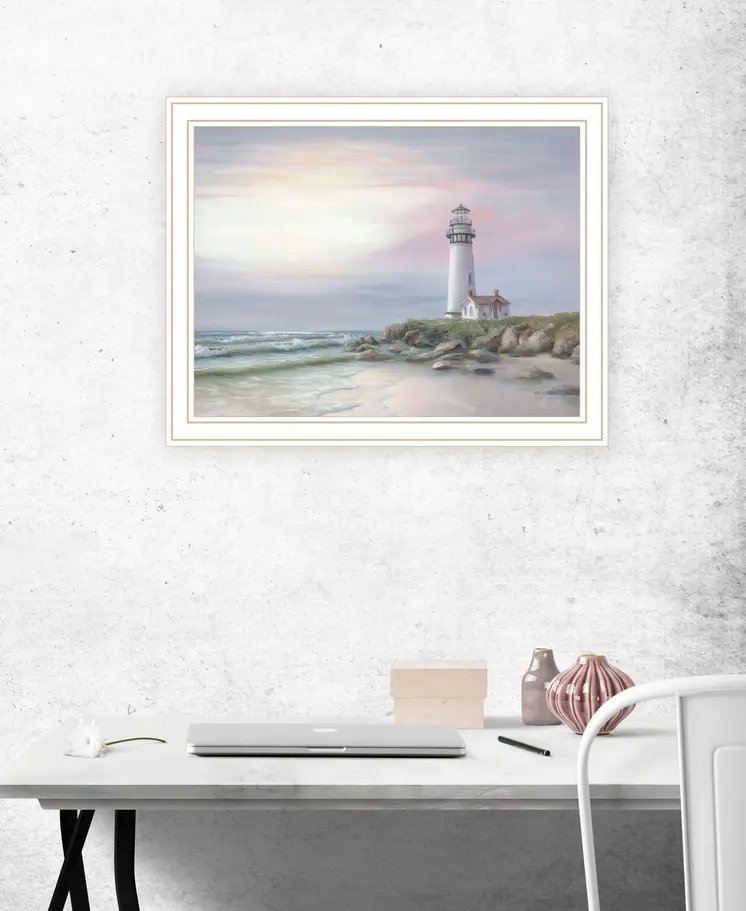 Lighthouse at Sunset White Framed Print Wall Art