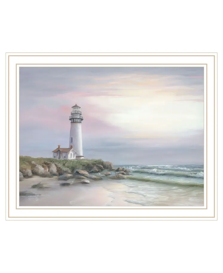 Lighthouse at Sunset White Framed Print Wall Art
