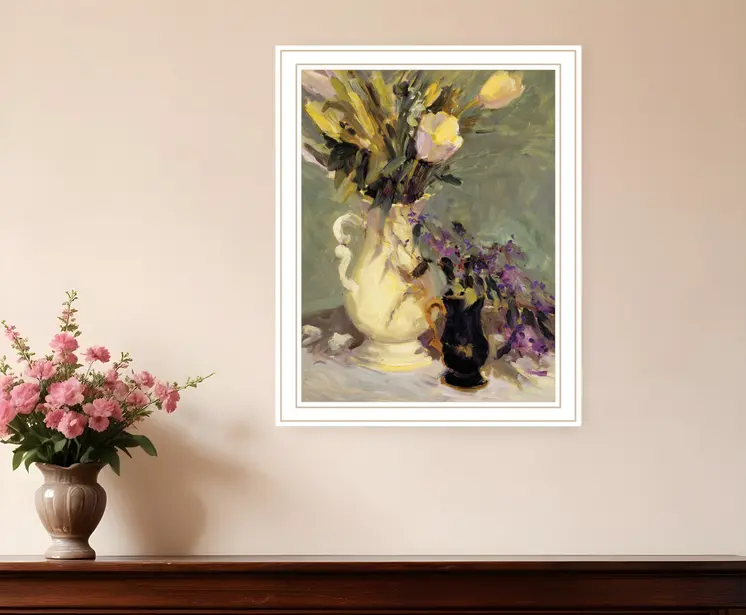 Tulips and Lavender White Framed Print Wall Art