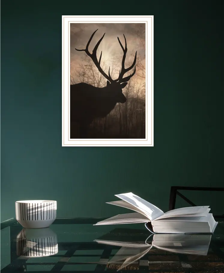 Elk Sunrise White Framed Print Wall Art