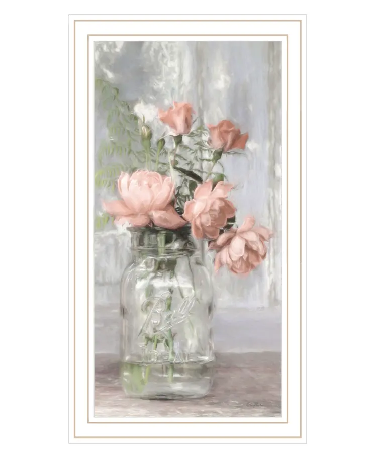 Cottage Peach Roses White Framed Print Wall Art