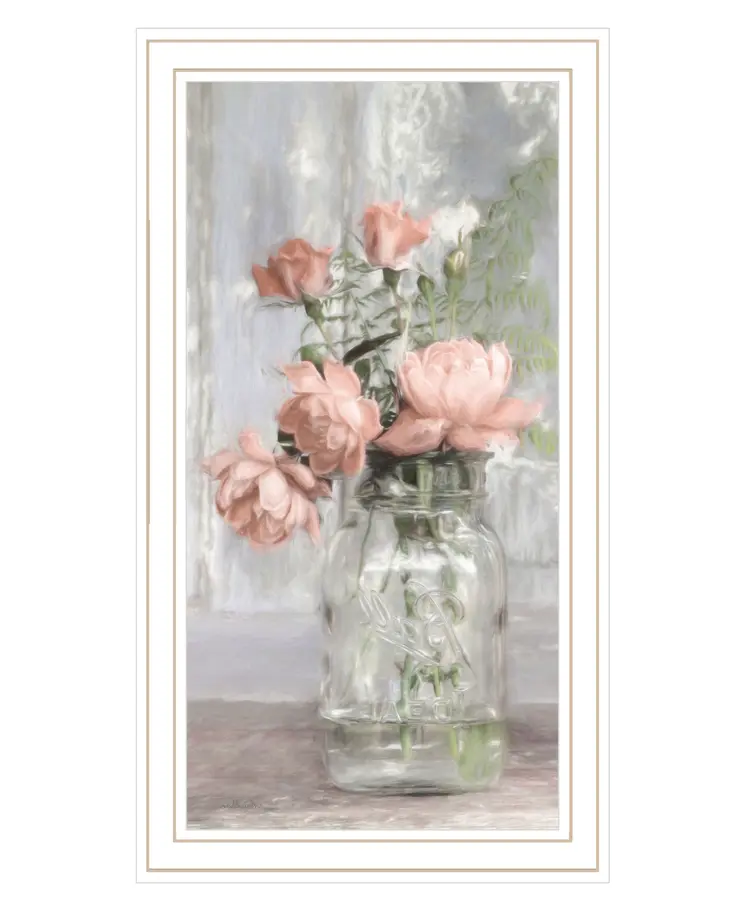 Cottage Peach Roses White Framed Print Wall Art