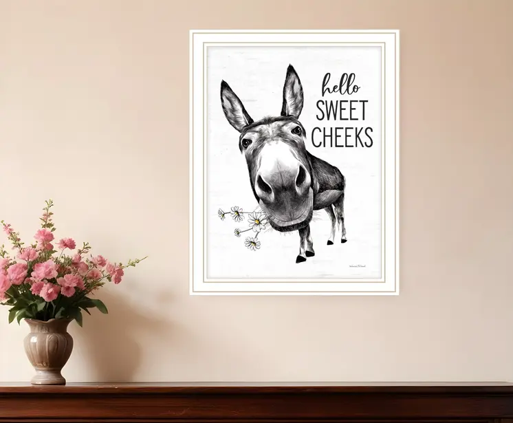 Hello Sweet Cheeks Donkey White Framed Print Bathroom Wall Art