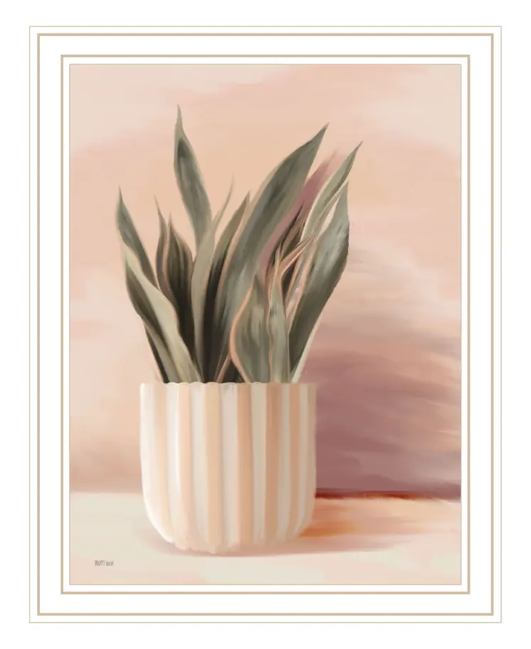 Striped Bohemian Plant White Framed Print Wall Art