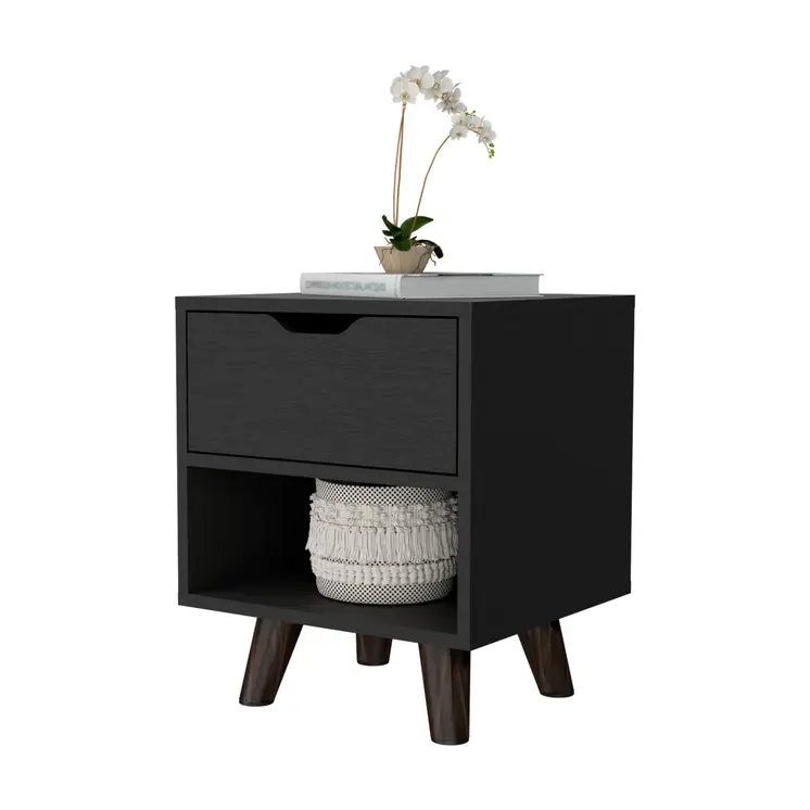 19" Black Wood One Drawer Nightstand