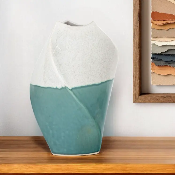 12" Green and Ivory Ombre Wavy Ceramic Table Vase