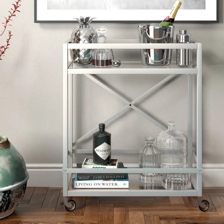 Nickel Steel And Glass Rolling Bar Cart