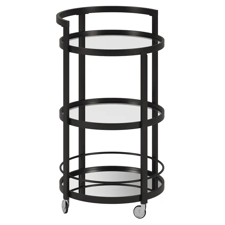 21" Black Steel and Glass Round Rolling Bar Cart