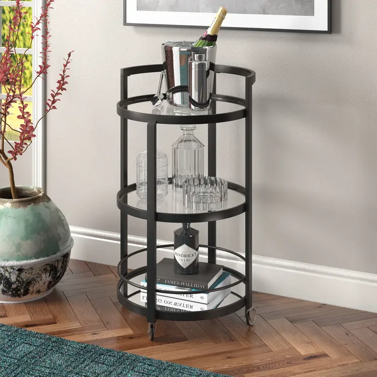 21" Black Steel and Glass Round Rolling Bar Cart